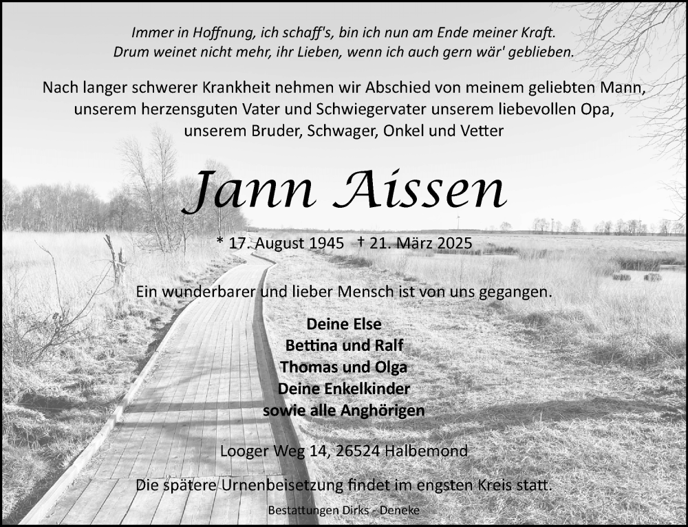  Traueranzeige für Jann Aissen vom 22.03.2025 aus Ostfriesischer Kurier GmbH