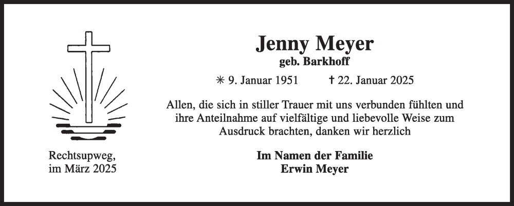  Traueranzeige für Jenny Meyer vom 08.03.2025 aus Ostfriesischer Kurier GmbH