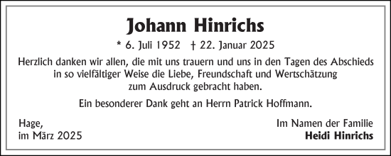 Traueranzeige von Johann Hinrichs von Ostfriesischer Kurier GmbH