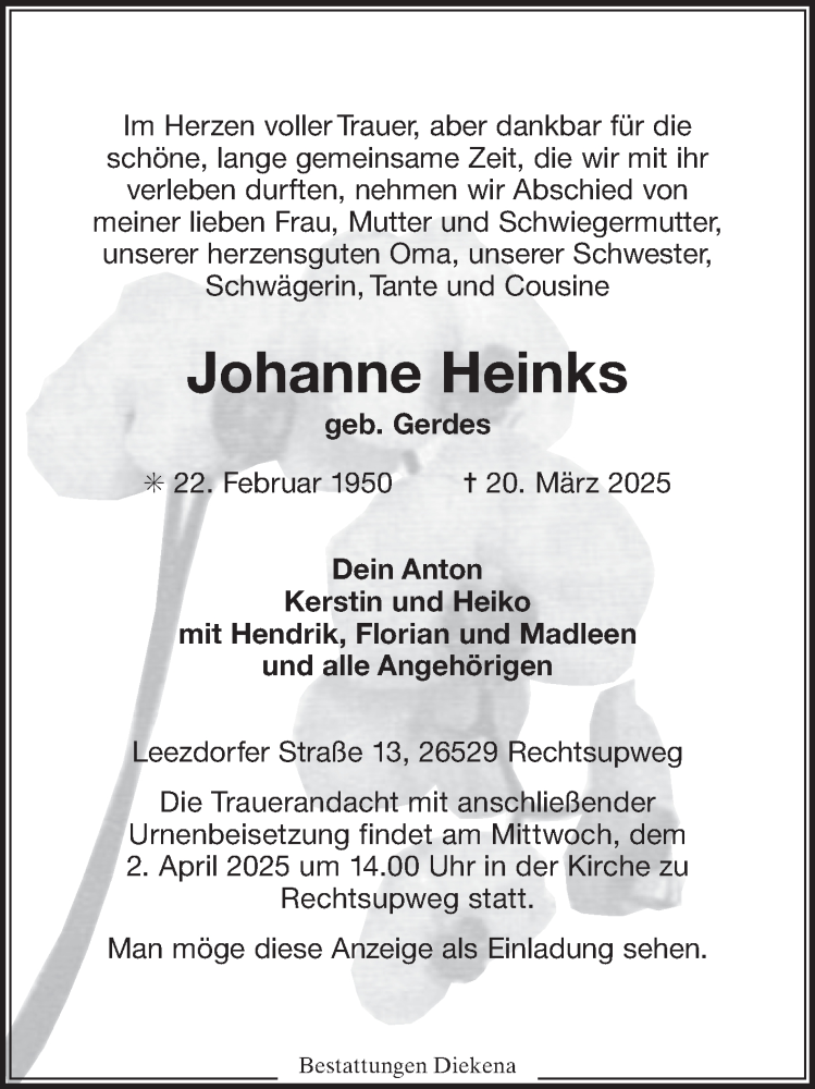  Traueranzeige für Johanne Heinks vom 22.03.2025 aus Ostfriesischer Kurier GmbH