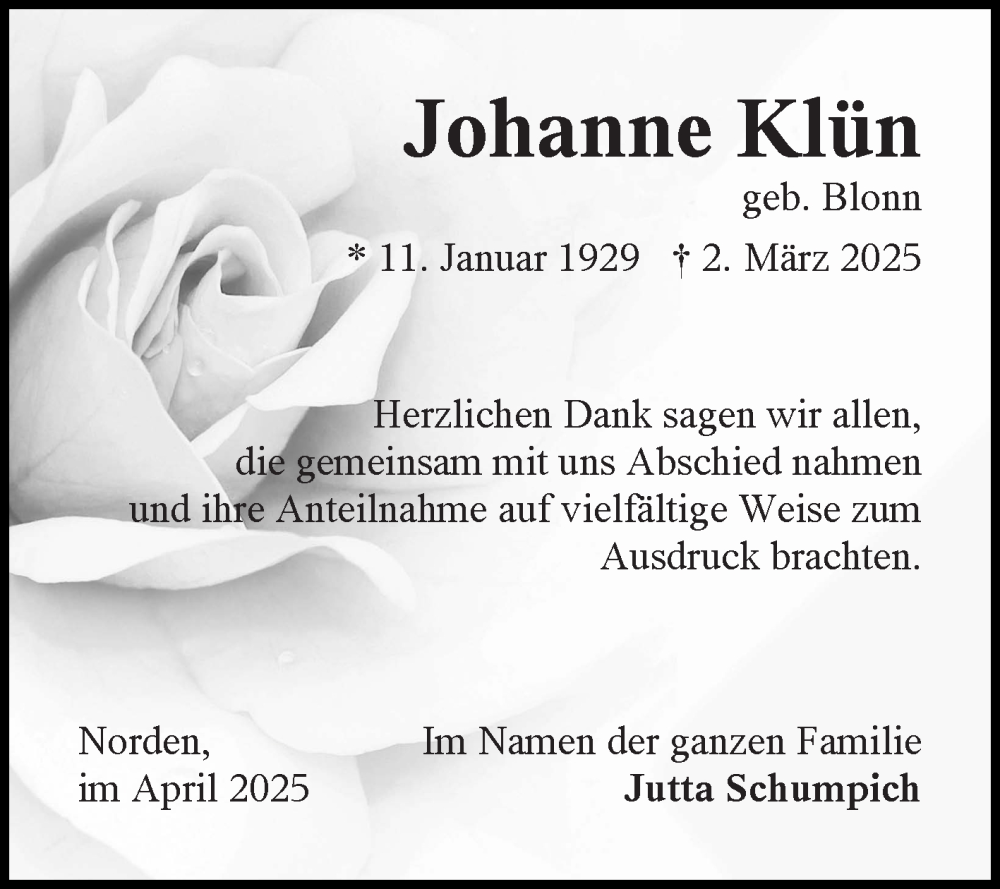  Traueranzeige für Johanne Klün vom 29.03.2025 aus Ostfriesischer Kurier GmbH