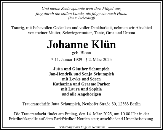 Traueranzeige von Johanne Klün von Ostfriesischer Kurier GmbH