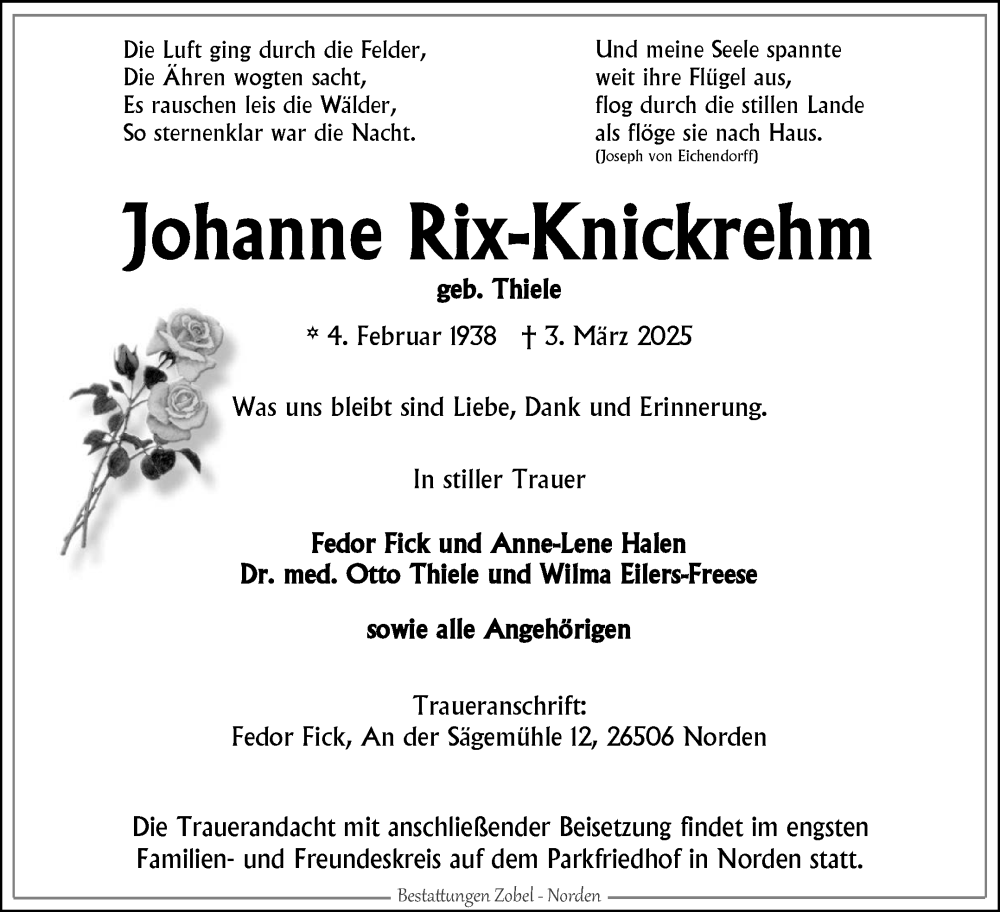  Traueranzeige für Johanne Rix-Knickrehm vom 08.03.2025 aus Ostfriesischer Kurier GmbH