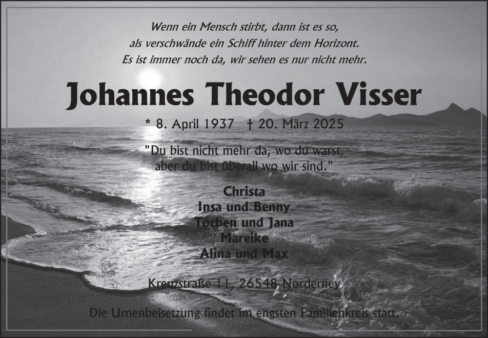  Traueranzeige für Johannes Theodor Visser vom 27.03.2025 aus Ostfriesischer Kurier GmbH