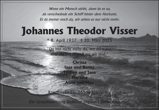 Traueranzeige von Johannes Theodor Visser von Ostfriesischer Kurier GmbH