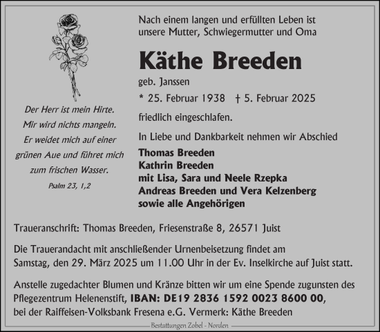 Traueranzeige von Käthe Breeden von Ostfriesischer Kurier GmbH