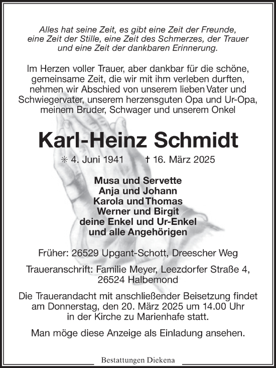 Traueranzeige von Karl-Heinz Schmidt von Ostfriesischer Kurier GmbH