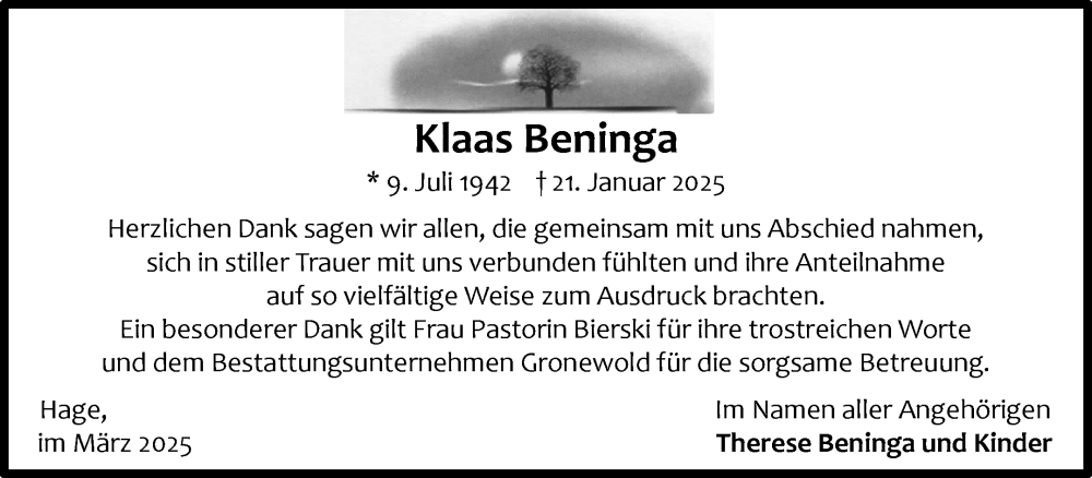  Traueranzeige für Klaas Beninga vom 01.03.2025 aus Ostfriesischer Kurier GmbH