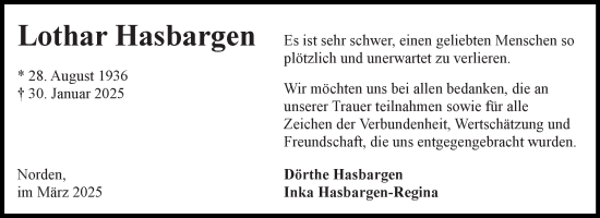 Traueranzeige von Lothar Hasbargen von Ostfriesischer Kurier GmbH