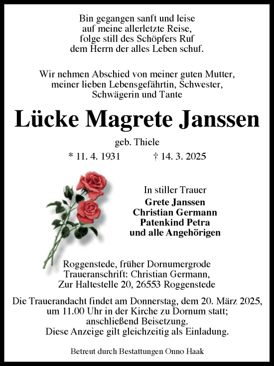 Traueranzeige von Magrete Janssen von Ostfriesischer Kurier GmbH