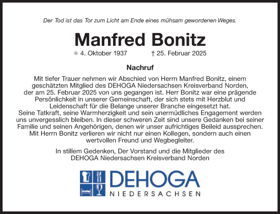 Traueranzeige von Manfred Bonitz von Ostfriesischer Kurier GmbH