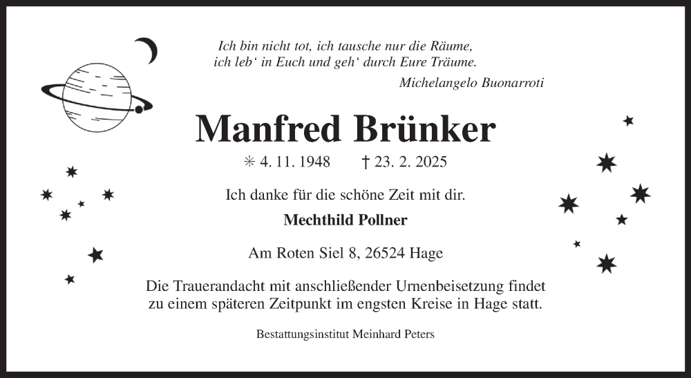  Traueranzeige für Manfred Brünker vom 01.03.2025 aus Ostfriesischer Kurier GmbH