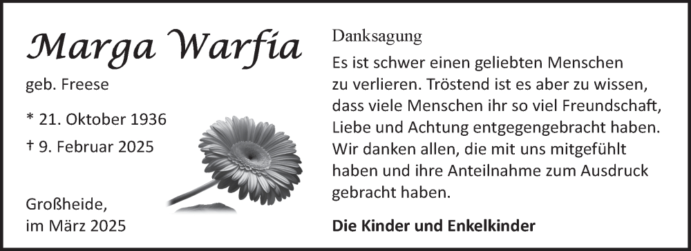  Traueranzeige für Marga Warfia vom 22.03.2025 aus Ostfriesischer Kurier GmbH