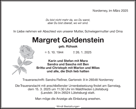 Traueranzeige von Margret Goldenstein von Ostfriesischer Kurier GmbH