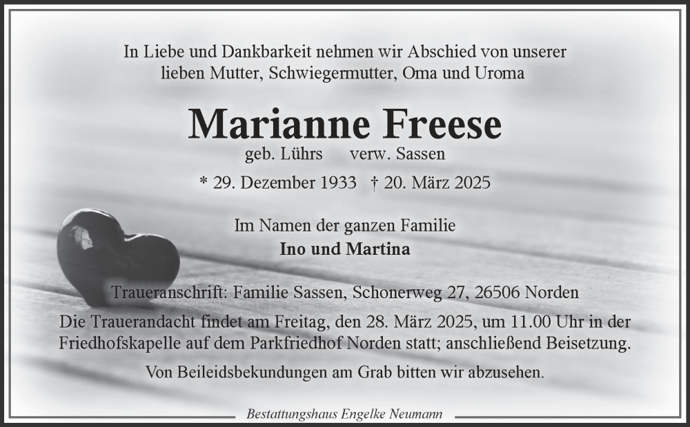  Traueranzeige für Marianne Freese vom 25.03.2025 aus Ostfriesischer Kurier GmbH