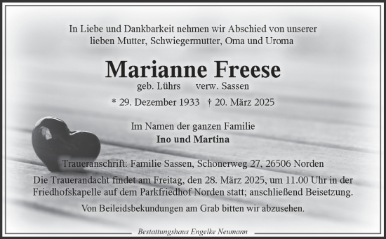 Traueranzeige von Marianne Freese von Ostfriesischer Kurier GmbH