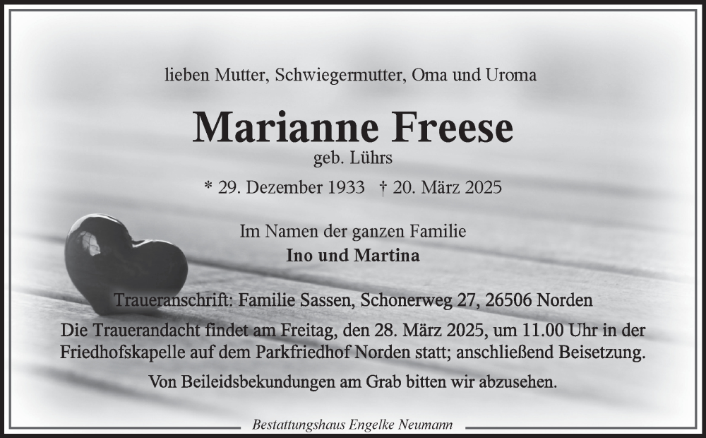  Traueranzeige für Marianne Freese vom 22.03.2025 aus Ostfriesischer Kurier GmbH