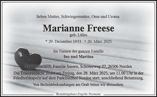 Traueranzeige von Marianne Freese von Ostfriesischer Kurier GmbH
