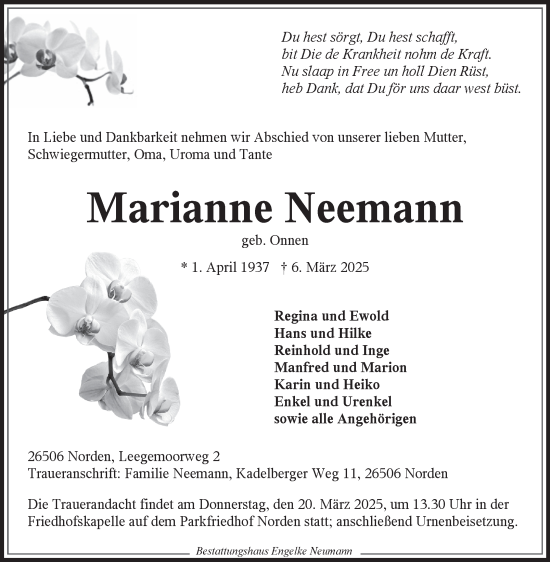Traueranzeige von Marianne Neemann von Ostfriesischer Kurier GmbH