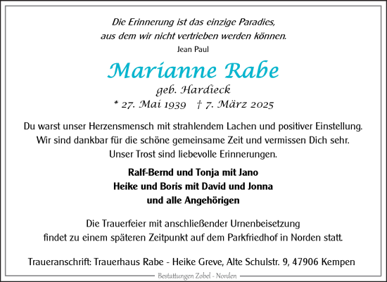 Traueranzeige von Marianne Rabe von Ostfriesischer Kurier GmbH