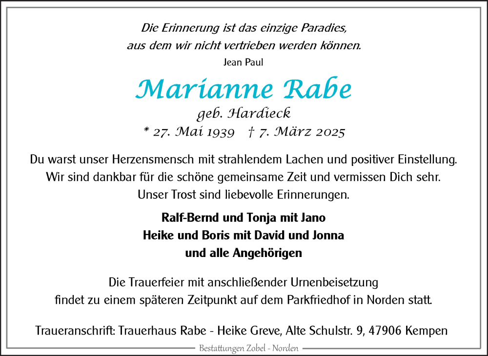  Traueranzeige für Marianne Rabe vom 15.03.2025 aus Ostfriesischer Kurier GmbH