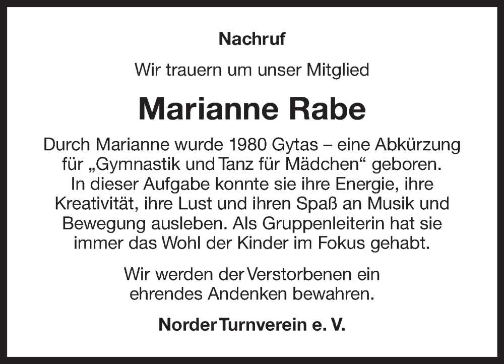  Traueranzeige für Marianne Rabe vom 29.03.2025 aus Ostfriesischer Kurier GmbH