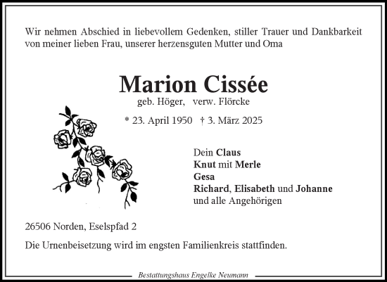 Traueranzeige von Marion Cissee von Ostfriesischer Kurier GmbH