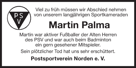 Traueranzeige von Martin Palma von Ostfriesischer Kurier GmbH