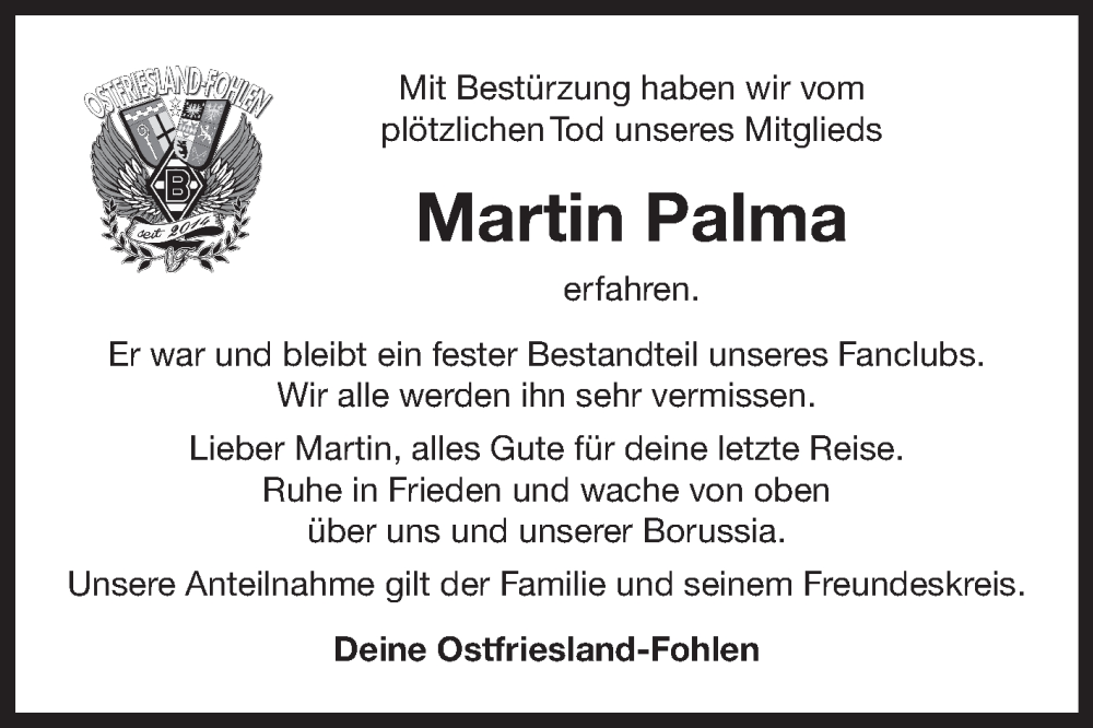  Traueranzeige für Martin Palma vom 18.03.2025 aus Ostfriesischer Kurier GmbH