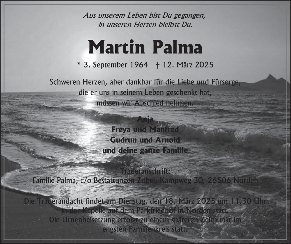  Traueranzeige für Martin Palma vom 15.03.2025 aus Ostfriesischer Kurier GmbH