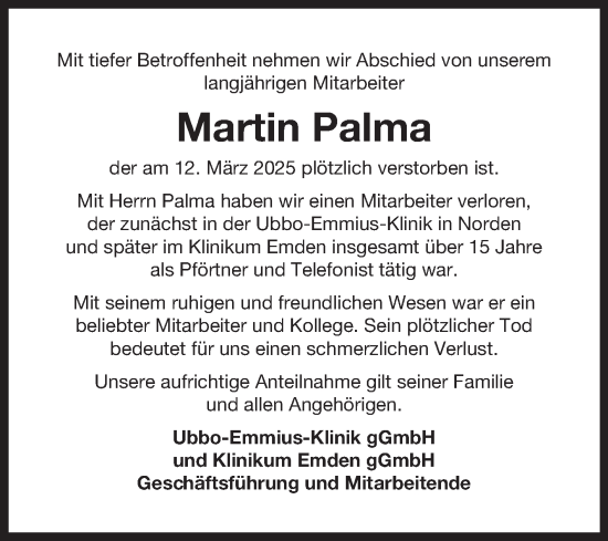 Traueranzeige von Martin Palma von Ostfriesischer Kurier GmbH