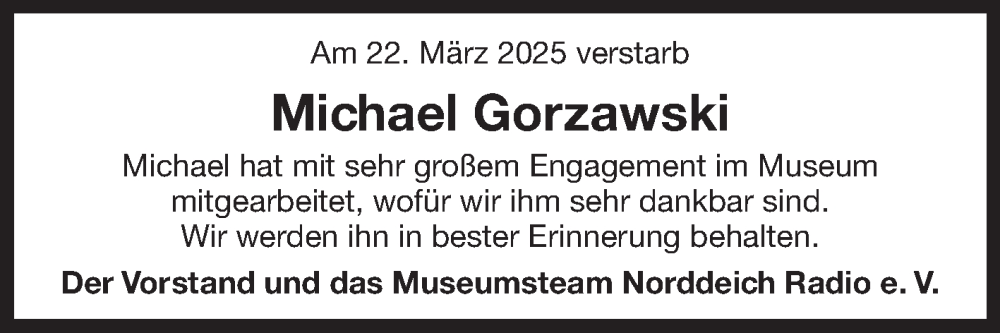  Traueranzeige für Michael Gorzawski vom 31.03.2025 aus Ostfriesischer Kurier GmbH