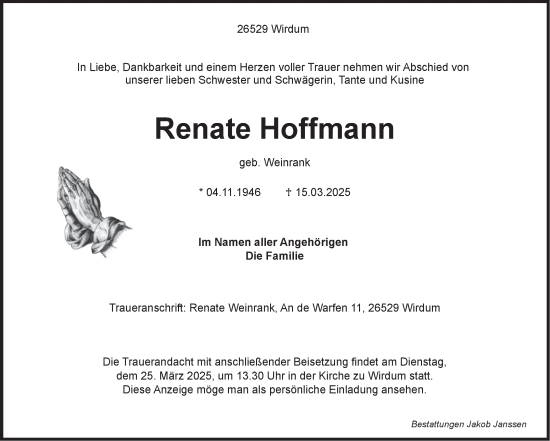 Traueranzeige von Renate Hoffmann von Ostfriesischer Kurier GmbH