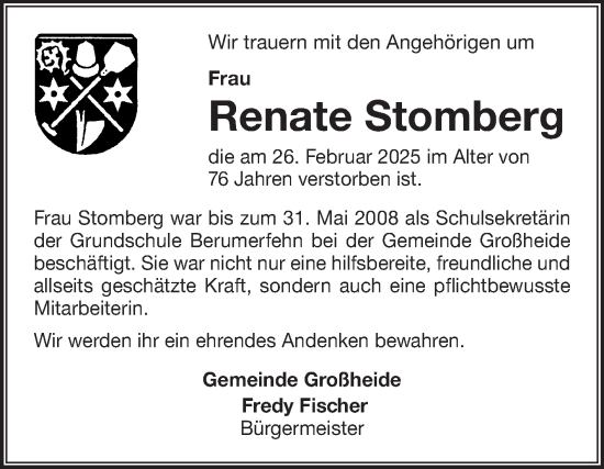 Traueranzeige von Renate Stomberg von Ostfriesischer Kurier GmbH