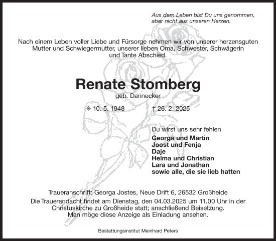 Traueranzeige von Renate Stomberg von Ostfriesischer Kurier GmbH