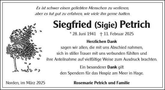 Traueranzeige von Siegfried Petrich von Ostfriesischer Kurier GmbH