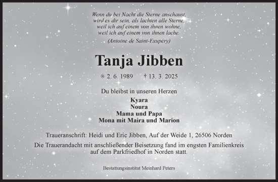 Traueranzeige von Tanja Jibben von Ostfriesischer Kurier GmbH