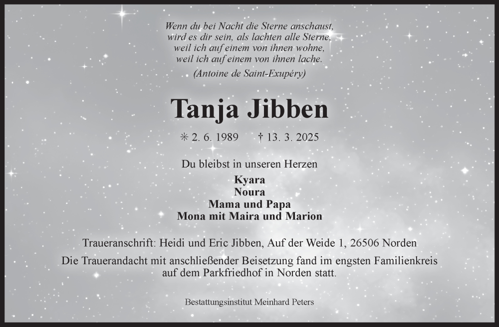  Traueranzeige für Tanja Jibben vom 22.03.2025 aus Ostfriesischer Kurier GmbH
