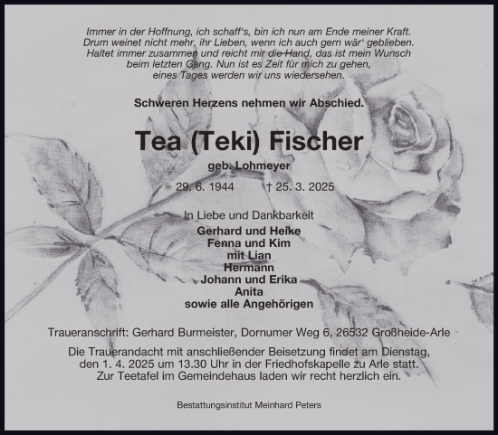 Traueranzeige von Tea Fischer von Ostfriesischer Kurier GmbH