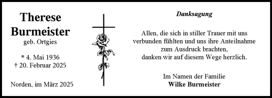 Traueranzeige von Therese Burmeister von Ostfriesischer Kurier GmbH