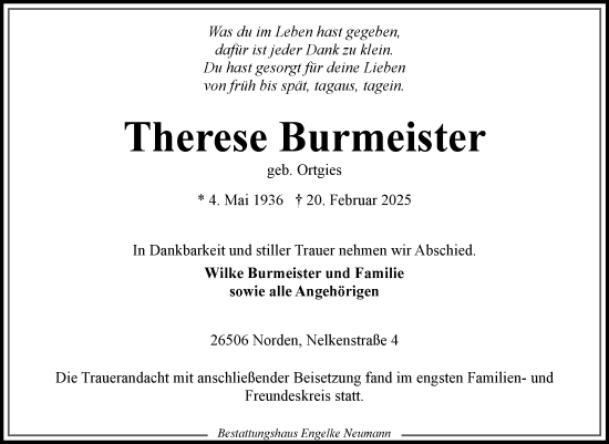 Traueranzeige von Therese Burmeister von Ostfriesischer Kurier GmbH