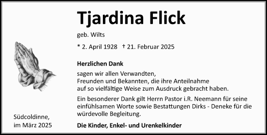 Traueranzeige von Tjardina Flick von Ostfriesischer Kurier GmbH