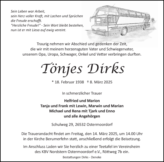 Traueranzeige von Tönjes Dirks von Ostfriesischer Kurier GmbH