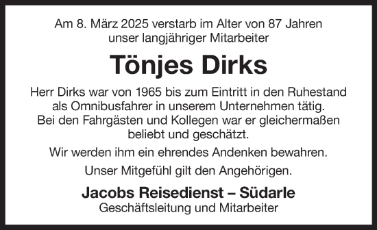 Traueranzeige von Tönjes Dirks von Ostfriesischer Kurier GmbH