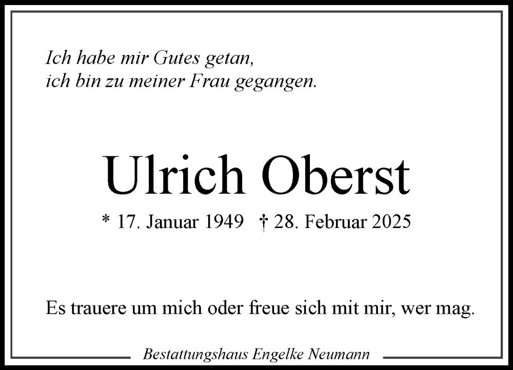  Traueranzeige für Ulrich Oberst vom 08.03.2025 aus Ostfriesischer Kurier GmbH