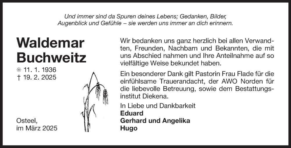  Traueranzeige für Waldemar Buchweitz vom 22.03.2025 aus Ostfriesischer Kurier GmbH