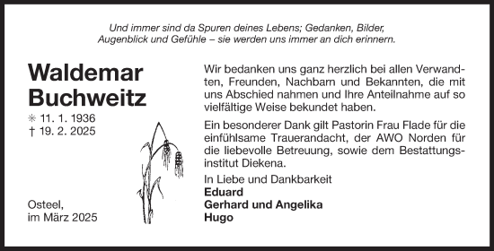 Traueranzeige von Waldemar Buchweitz von Ostfriesischer Kurier GmbH