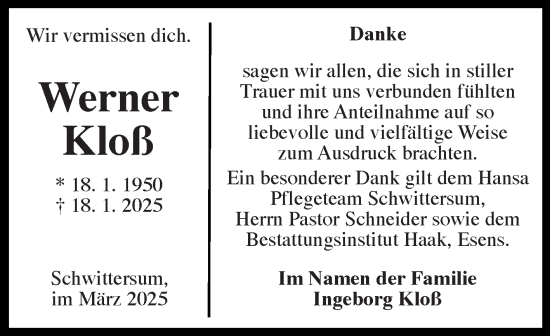 Traueranzeige von Werner Kloß von Ostfriesischer Kurier GmbH