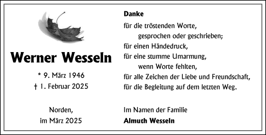 Traueranzeige von Werner Wesseln von Ostfriesischer Kurier GmbH