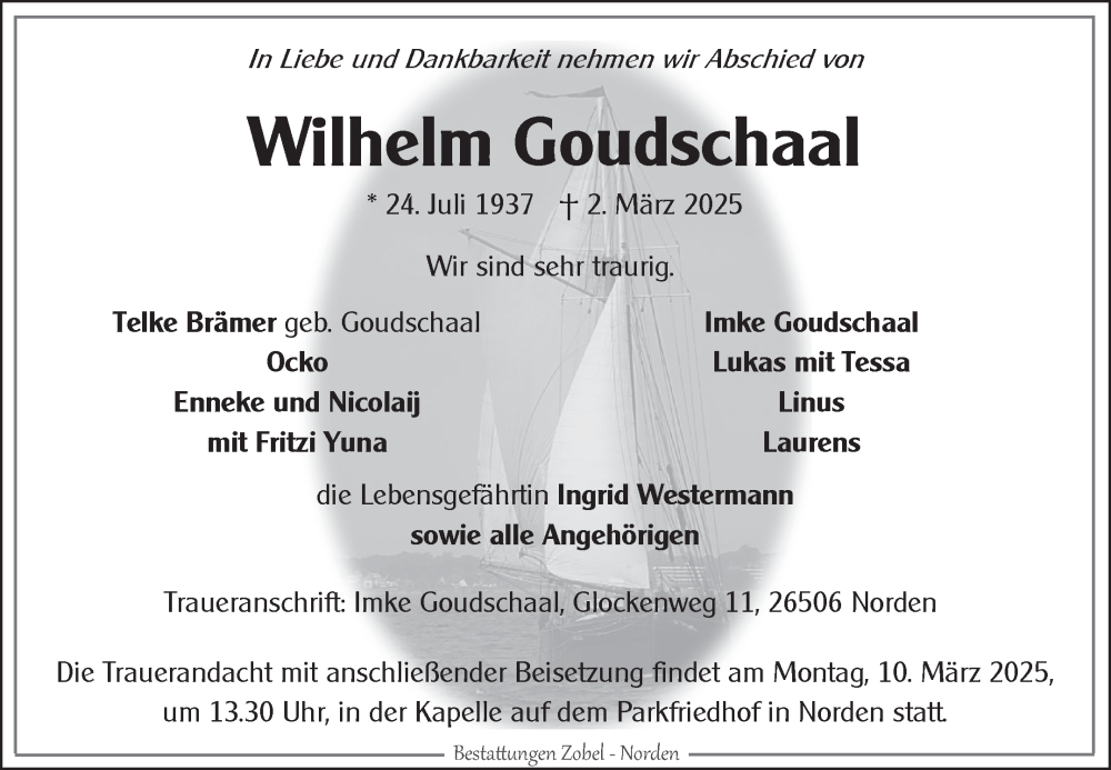  Traueranzeige für Wilhelm Goudschaal vom 05.03.2025 aus Ostfriesischer Kurier GmbH